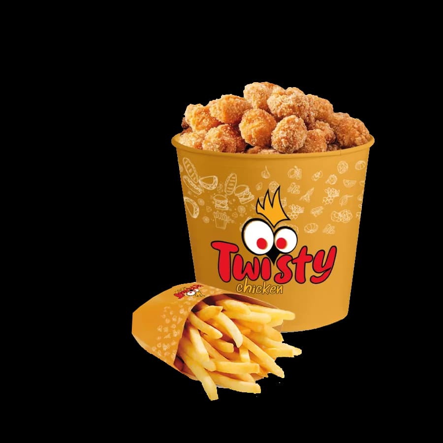 Twisty Pop Chicken im Kübel, davor Pommes
